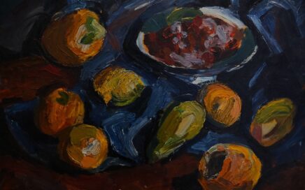 STILL LIFE WITH PERSIMMONS   oil on fiberboard, 48x58 cm.  1994